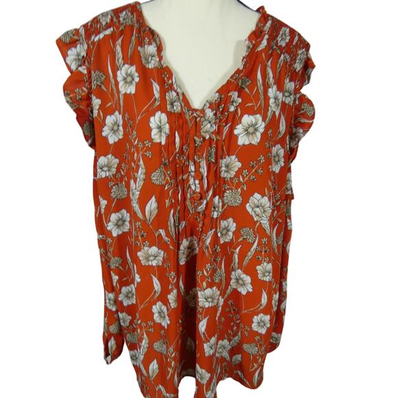 Daniel Rainn Women's 3x Floral Ruffle Sleeve V-Neck Blouse Orange White - Picture 1 of 4